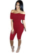 Sexy Burgundy Knee-length Off Shoulder Ribbed Jumpsuit